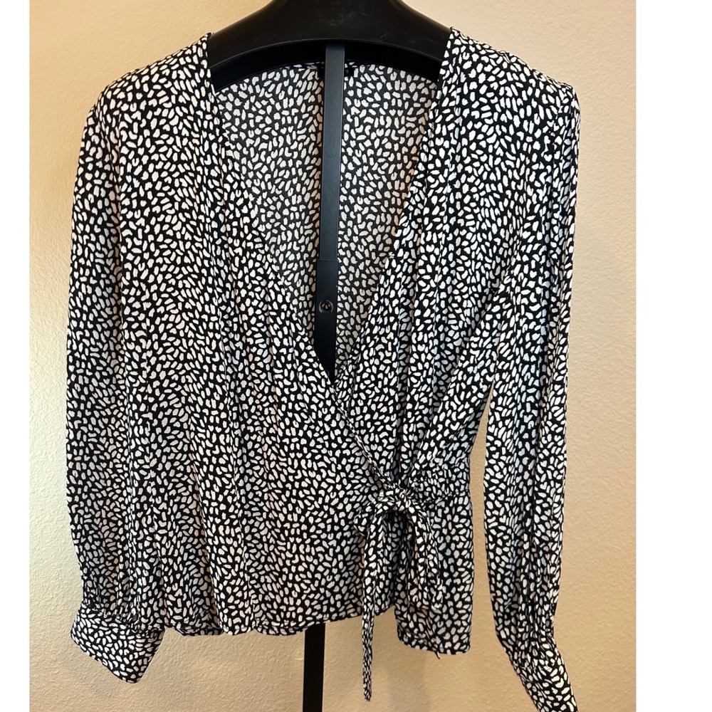 Talbots Black White‎ Pebble Print Wrap Top Long Sleeve V-Neck Blouse XL